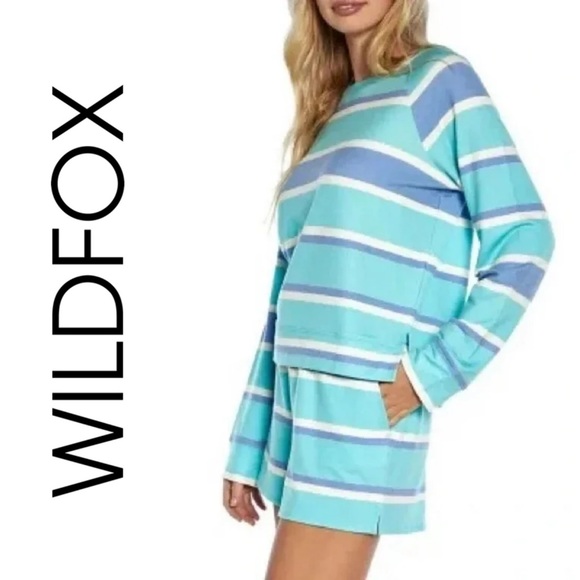 🔥SOLD🔥 WILDFOX Crew Neck Top and Bottoms Blue Striped Pajamas Set Size Small - Picture 2 of 9
